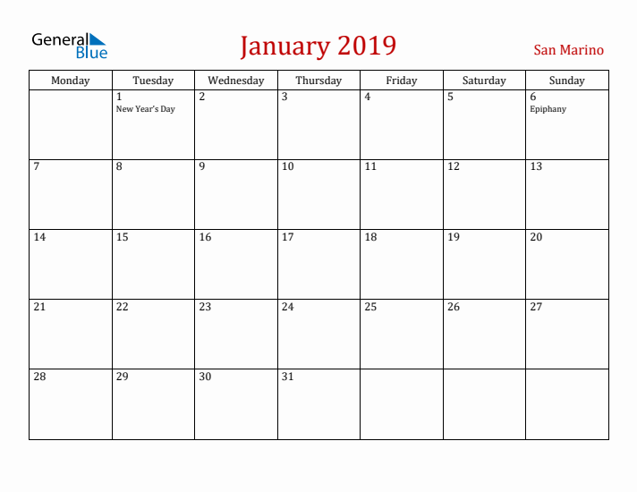 San Marino January 2019 Calendar - Monday Start