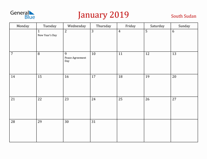 South Sudan January 2019 Calendar - Monday Start