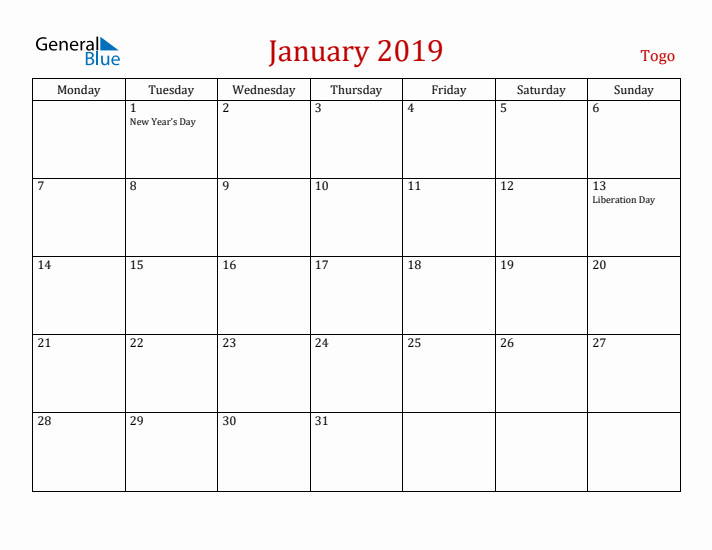 Togo January 2019 Calendar - Monday Start