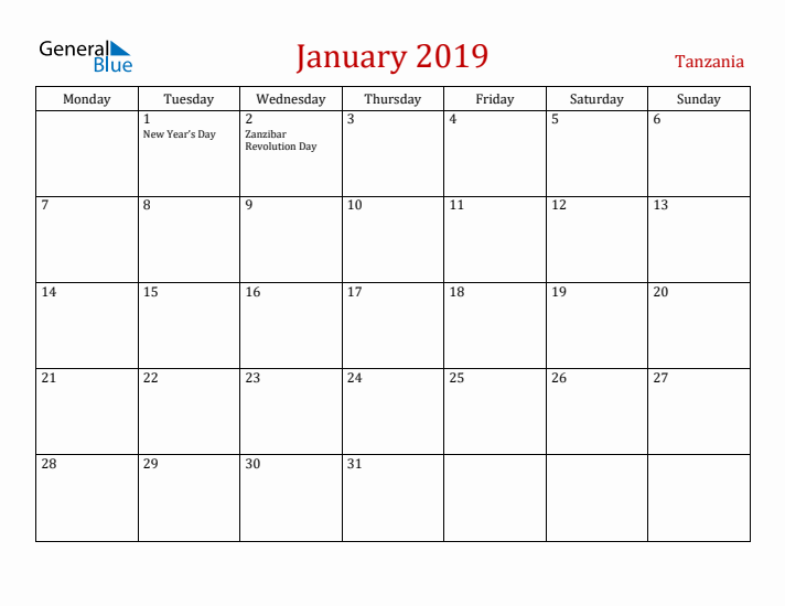 Tanzania January 2019 Calendar - Monday Start