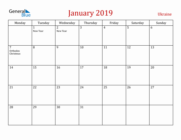 Ukraine January 2019 Calendar - Monday Start