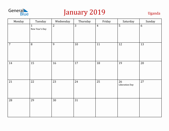 Uganda January 2019 Calendar - Monday Start
