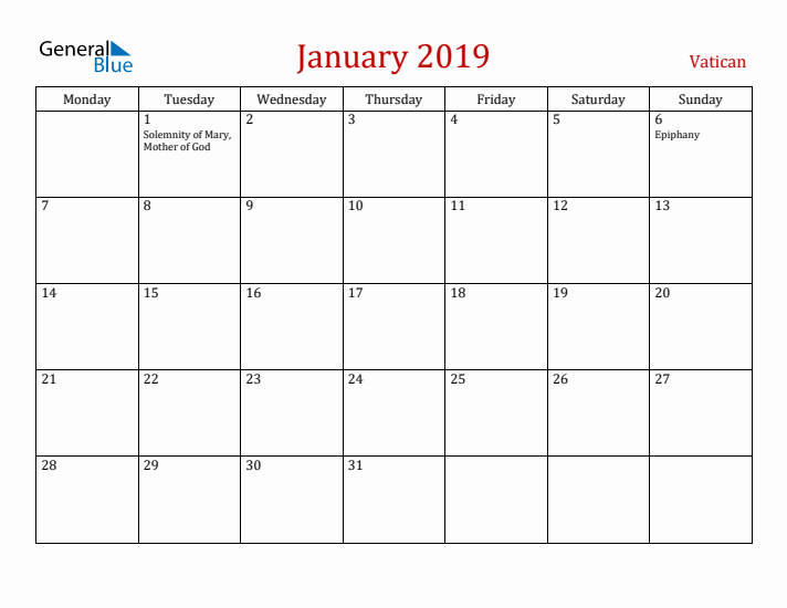Vatican January 2019 Calendar - Monday Start