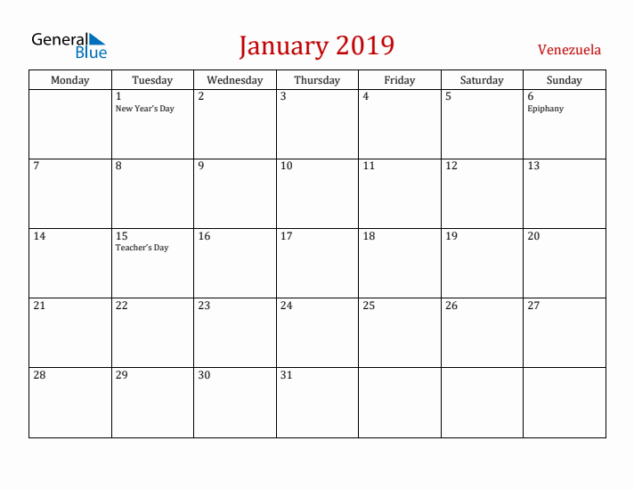 Venezuela January 2019 Calendar - Monday Start