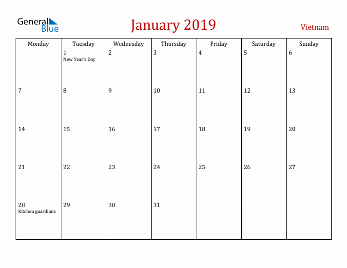 Vietnam January 2019 Calendar - Monday Start