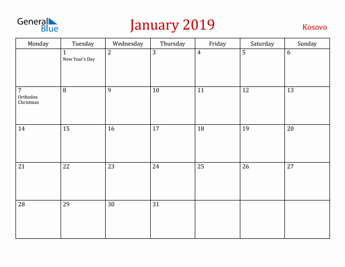 Kosovo January 2019 Calendar - Monday Start