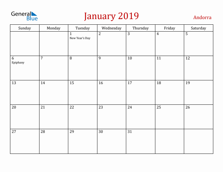 Andorra January 2019 Calendar - Sunday Start