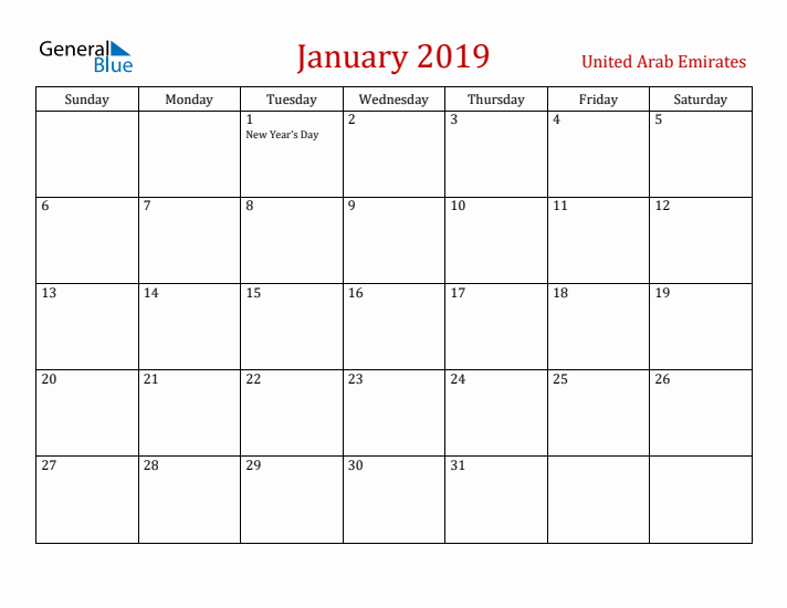 United Arab Emirates January 2019 Calendar - Sunday Start