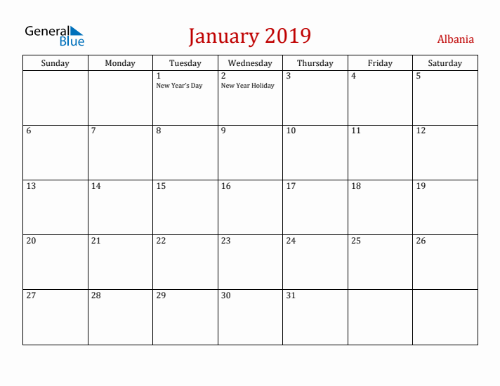 Albania January 2019 Calendar - Sunday Start