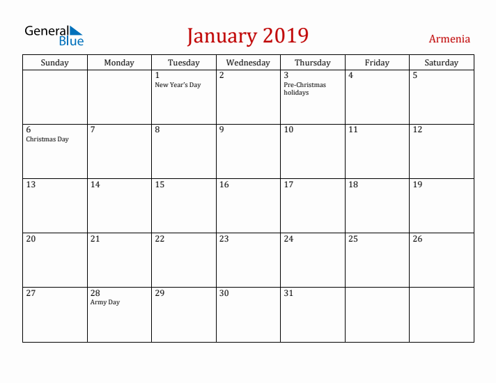 Armenia January 2019 Calendar - Sunday Start
