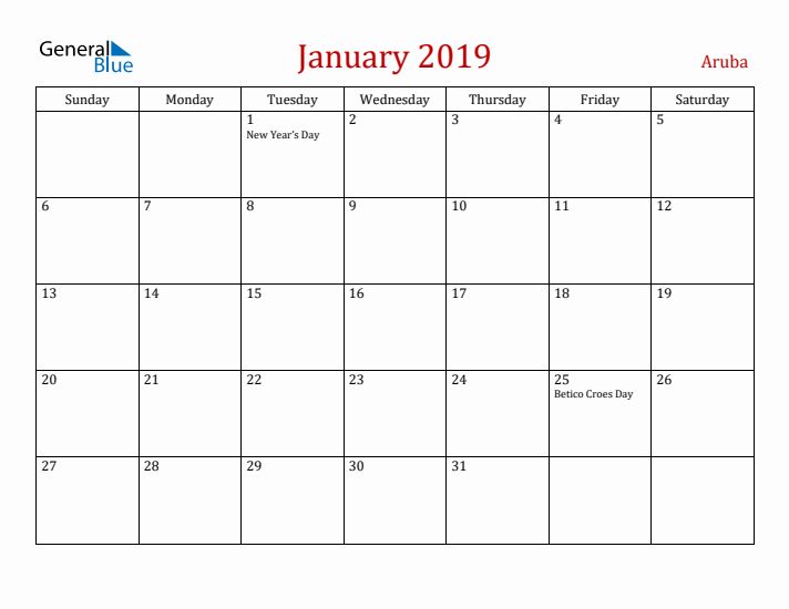 Aruba January 2019 Calendar - Sunday Start