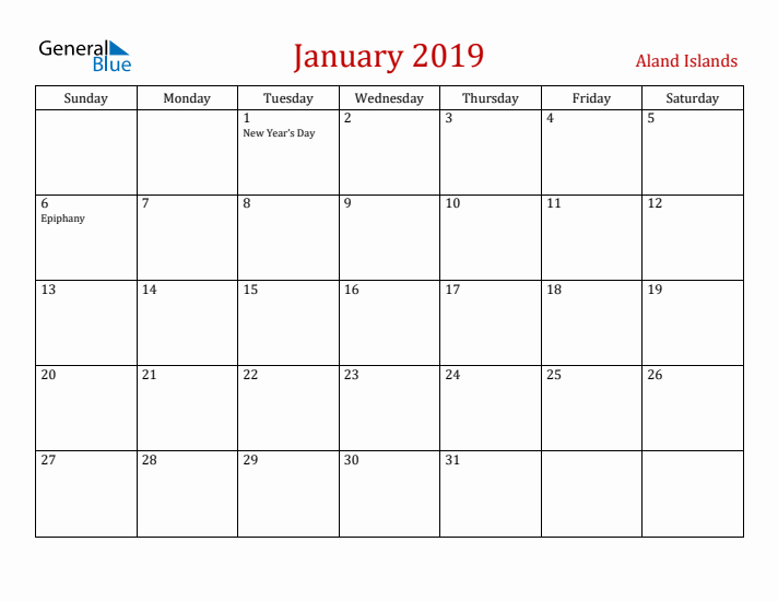 Aland Islands January 2019 Calendar - Sunday Start