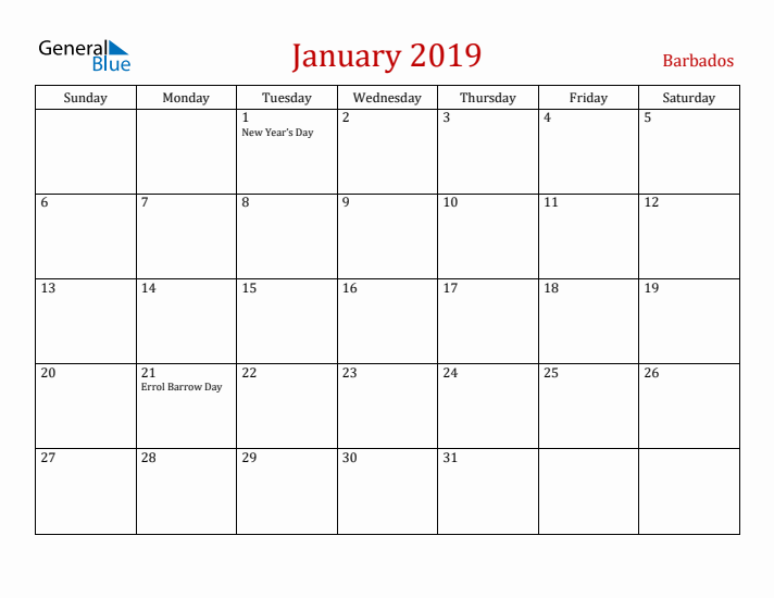 Barbados January 2019 Calendar - Sunday Start