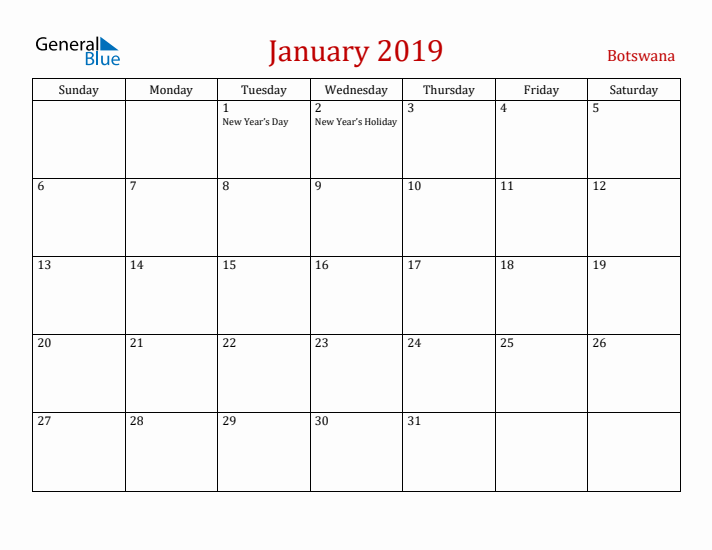 Botswana January 2019 Calendar - Sunday Start