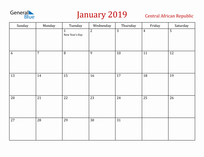 Central African Republic January 2019 Calendar - Sunday Start