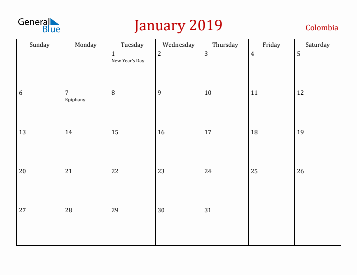 Colombia January 2019 Calendar - Sunday Start