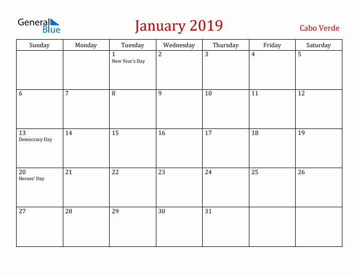 Cabo Verde January 2019 Calendar - Sunday Start