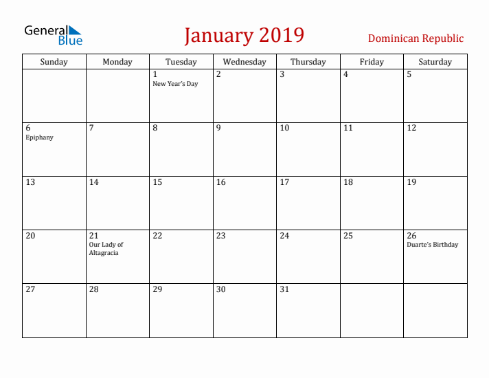 Dominican Republic January 2019 Calendar - Sunday Start