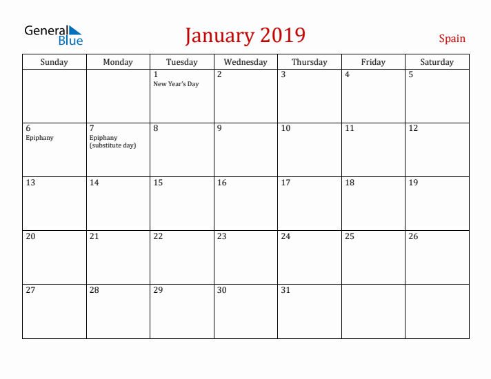 Spain January 2019 Calendar - Sunday Start
