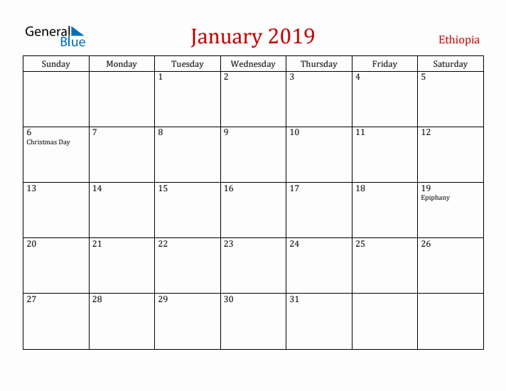 Ethiopia January 2019 Calendar - Sunday Start