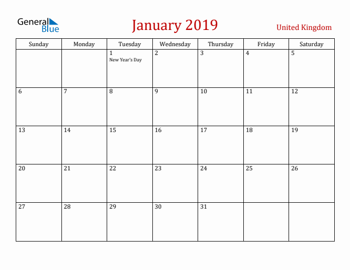 United Kingdom January 2019 Calendar - Sunday Start