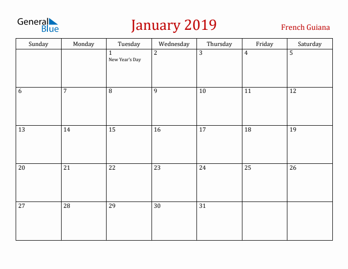 French Guiana January 2019 Calendar - Sunday Start