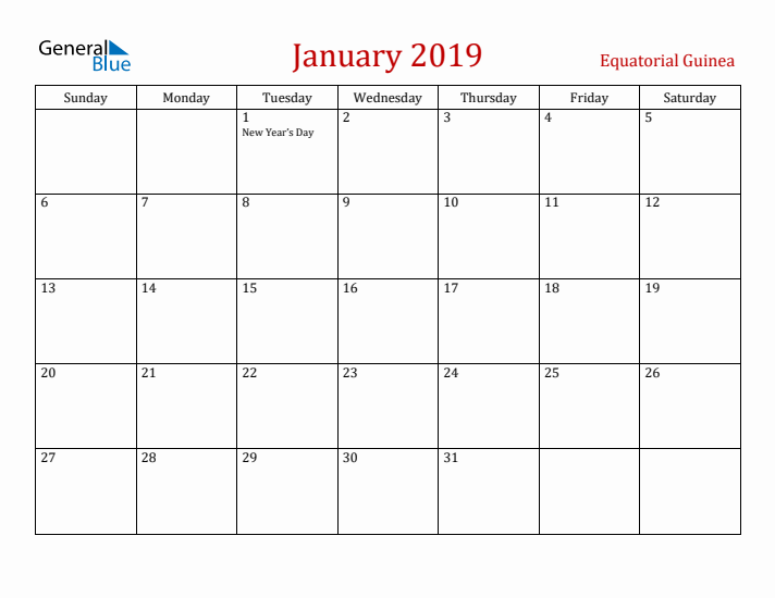 Equatorial Guinea January 2019 Calendar - Sunday Start