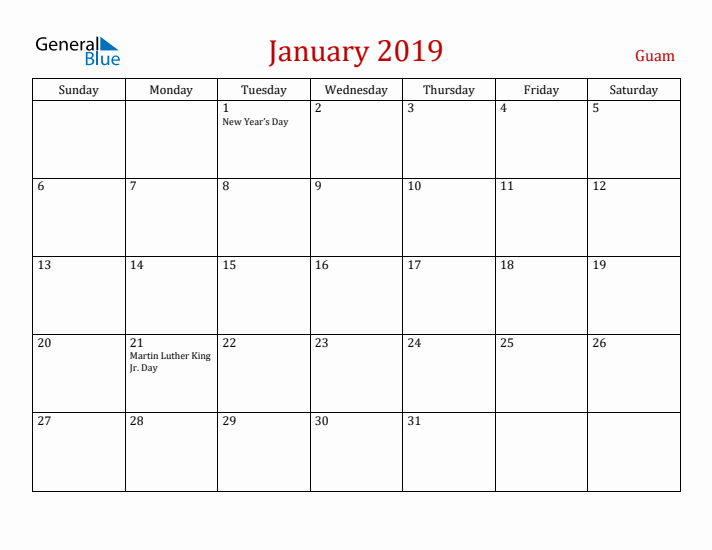 Guam January 2019 Calendar - Sunday Start