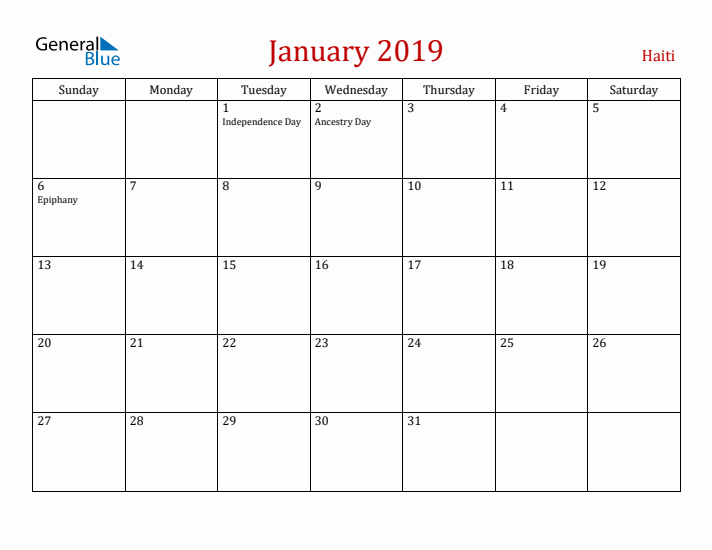Haiti January 2019 Calendar - Sunday Start