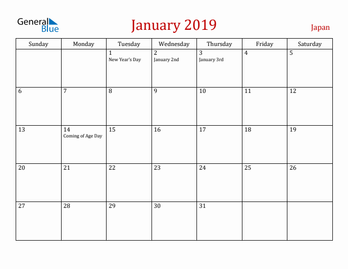 Japan January 2019 Calendar - Sunday Start