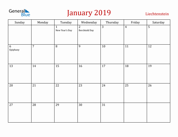 Liechtenstein January 2019 Calendar - Sunday Start