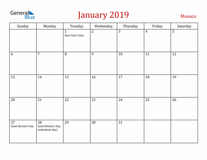Monaco January 2019 Calendar - Sunday Start