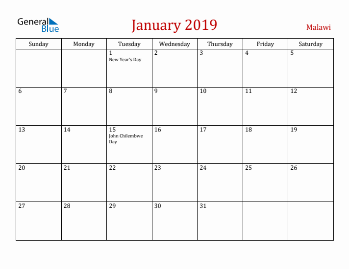 Malawi January 2019 Calendar - Sunday Start