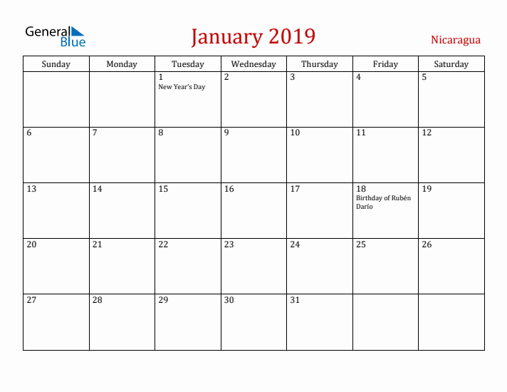 Nicaragua January 2019 Calendar - Sunday Start