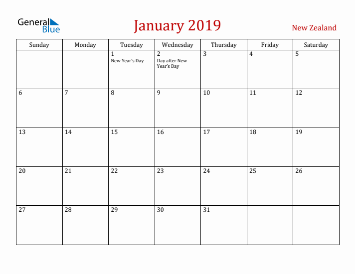 New Zealand January 2019 Calendar - Sunday Start