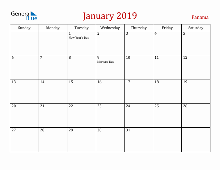 Panama January 2019 Calendar - Sunday Start