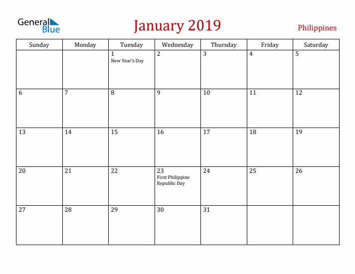 Philippines January 2019 Calendar - Sunday Start