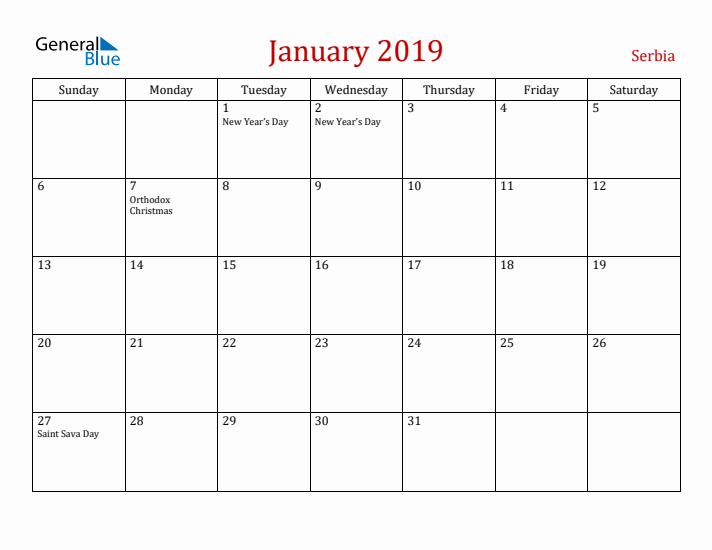 Serbia January 2019 Calendar - Sunday Start