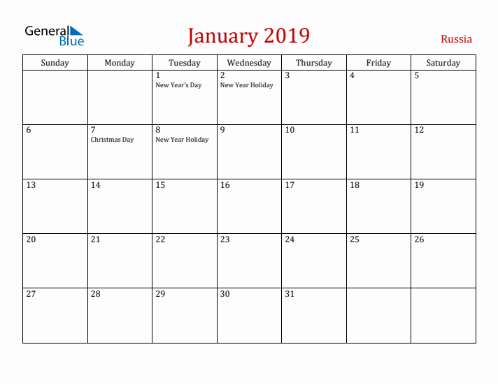 Russia January 2019 Calendar - Sunday Start