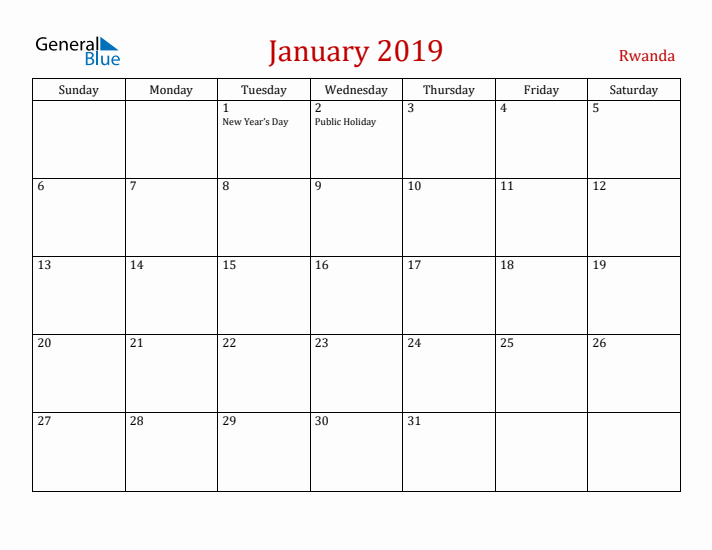 Rwanda January 2019 Calendar - Sunday Start