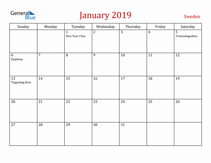 Sweden January 2019 Calendar - Sunday Start