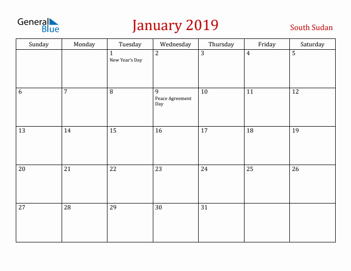 South Sudan January 2019 Calendar - Sunday Start