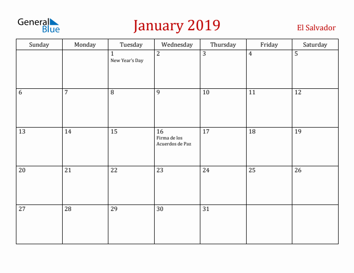 El Salvador January 2019 Calendar - Sunday Start