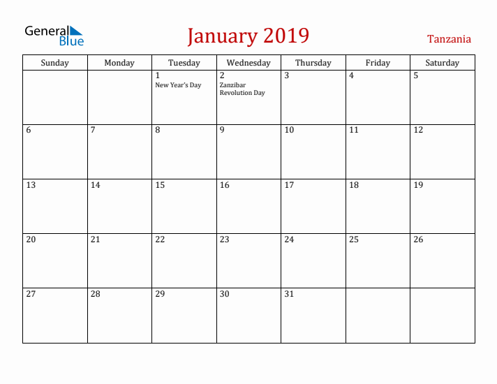 Tanzania January 2019 Calendar - Sunday Start