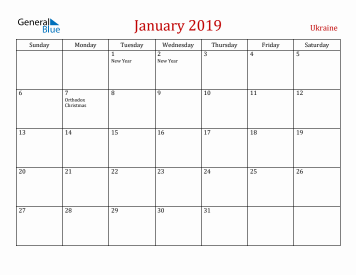 Ukraine January 2019 Calendar - Sunday Start