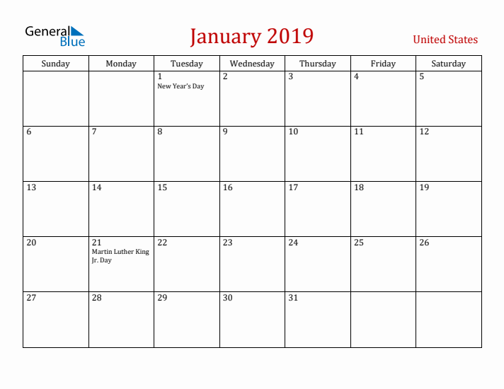 United States January 2019 Calendar - Sunday Start