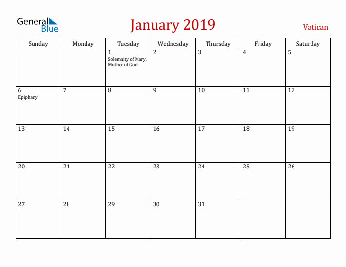 Vatican January 2019 Calendar - Sunday Start