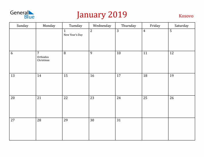 Kosovo January 2019 Calendar - Sunday Start