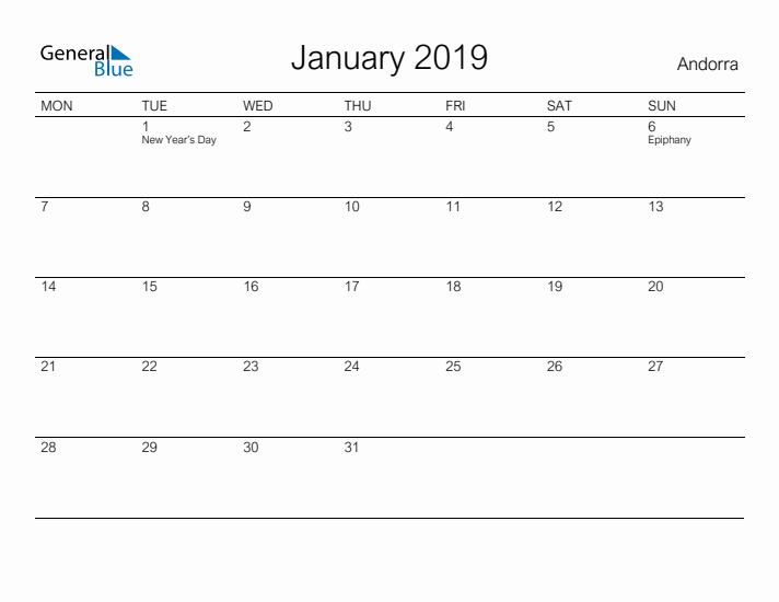 Printable January 2019 Calendar for Andorra