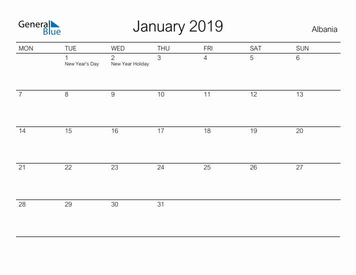 Printable January 2019 Calendar for Albania